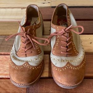 Oxford Flats Gold Studs Tan Canvas and Suede